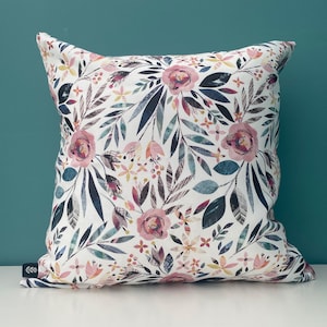 Roses Cushion / Summer Flower Cushion, floral cotton cushion cover, Pink and Green, 45 x 45 cm - handmade in the UK - Summer Floral