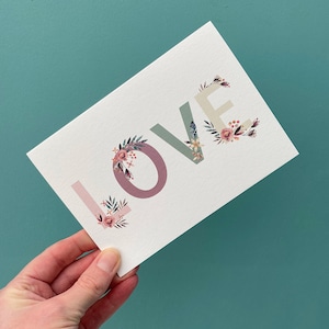 Floral Love Grußkarte / Florale Grußkarte / Valentinstag Karte / Hochzeitskarte / Verlobungskarte / Jubiläumskarte, Pink und Grün
