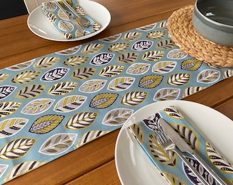 Blue Leaf Table Runner and matching Napkins / Scandinavian style leaf pattern - cotton, made in the UK, 32 x 192 cm.