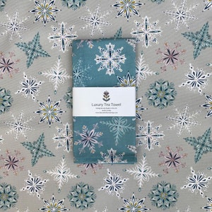 Christmas Tea Towel / Winter Tea Towel / Handmade Cotton Tea Towel / Designed and made in England, Blue and Grey Snowflakes.