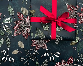 Papel de regalo navideño / Papel de regalo y etiquetas para regalo - Flores de invierno, flores de Navidad, flor de Pascua azul marino