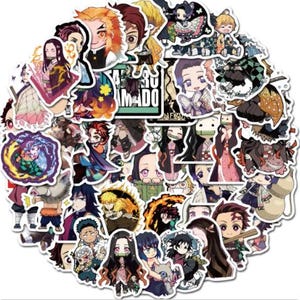 May include: A collection of assorted vinyl stickers featuring various anime characters in chibi style, including figures with black, yellow, and pink hair, wearing patterned kimonos and uniforms, with some stickers displaying text like TANJIRO KAMADO.