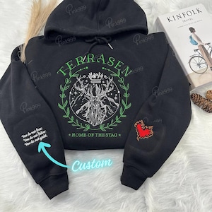 Terrasen Home of The Stag Besticktes Sweatshirt, Benutzerdefinierter Feuerherz Stickerei Hoodie, Thron aus Glas Sweatshirt, Bücherwurm Geschenk, ACOTAR Shirt