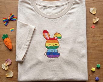 Rainbow Rabbit Embroidered T-Shirt, Fluffy Bunny Embroidery Shirt, LGBTQ Pride Apparel, Cute Animal Pride Tee, Pride Month Outfit