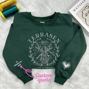 Terrasen besticktes Sweatshirt, benutzerdefinierte Feuerherzstickerei, Heimat von Hirsch, Thron aus Glas Sweatshirt, Bücherwurm Geschenk, ACOTAR Shirt, SJM Pullover