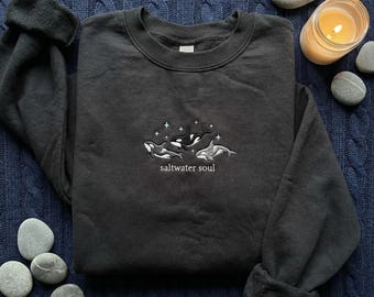 Saltwater Soul Orca Embroidered Sweatshirt, Killer Whale Pullover, Ocean Lover Crewneck, Coastal Aesthetic Gift, Marine Life Shirt