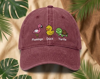 Flamingo Duck Turtle Embroidered Wash Dad Cap, FDT Subtle Political Hat, Anti Maggy Satire Headwear, FDT Movement Cap, Maroon Gift Hat