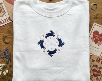 Leaping Bunny Embroidered Sweatshirt, Rabbit Circle Crewneck, Celestial Hare Hoodie, Starry Bunny Embroidery, Nature Lover Gift, Spring Top