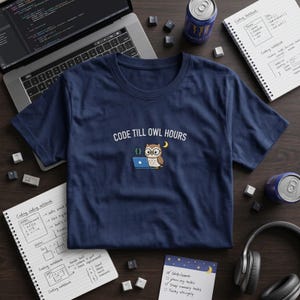 May include: A navy blue t-shirt featuring the phrase "CODE TILL OWL HOURS" and an owl graphic using a laptop. The image also shows a laptop, coding notes, a can of energy drink, and headphones on a wooden surface.