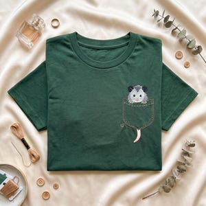 Opossum in Simulation Pocket Embroidered Tee, Cute Possum T-shirt, Funny Animal Lover Gift, Wildlife Embroidery T-shirt