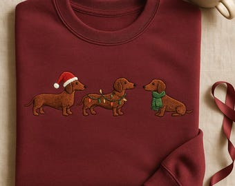 Embroidered Dachshund Christmas Sweatshirt, Wiener Dog Christmas Lights Shirt, Cute Sausage Dog Holiday Apparel, Dog Mom Gift, Dog Dad