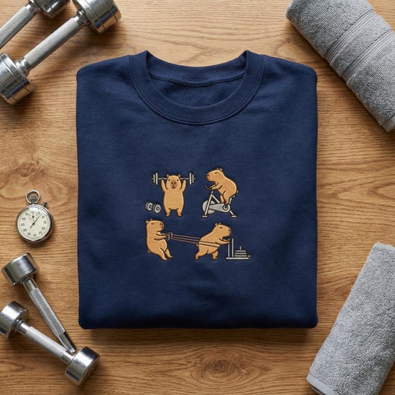 Embroidered Gym Capybara Sweatshirt, Funny Workout Hoodie, Lifting Animal Shirt, Fitness Lover Gift, Weightlifting Tee, Gym Rat Top, Muscle