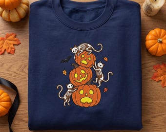Spooky Season Embroidered Sweatshirt, Cute Skeleton Cats Pumpkins Hoodie, Halloween Cat Lover Gift, Vintage Fall Apparel, Spooky Cat Shirt