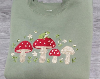 Embroidered Mushroom Sweatshirt | Cottagecore Frog Hoodie | Toad on Fungi Crewneck | Aesthetic Nature Jumper | Woodland Gift