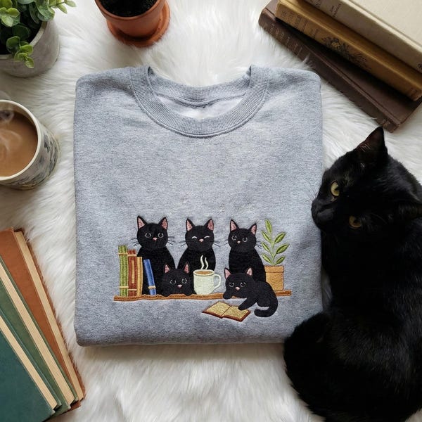 Black Cat On Bookshelf Embroidered Sweatshirt, Cozy Cat Mom Gift, Dark Academia Reading Lover Crewneck, Book Lover Jumper