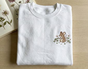 Embroidered Mouse Tea Time Sweatshirt, Mushroom and Mouse Pullover, Tiny Animal Crewneck, Cottagecore Mouse Gift, Whimsical Nature Top