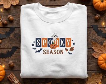 Spooky Season Embroidered Sweatshirt, Halloween Ghost Pumpkin Hoodie, Fall Retro Embroidered Pullover, Cute Spooky Season Shirt