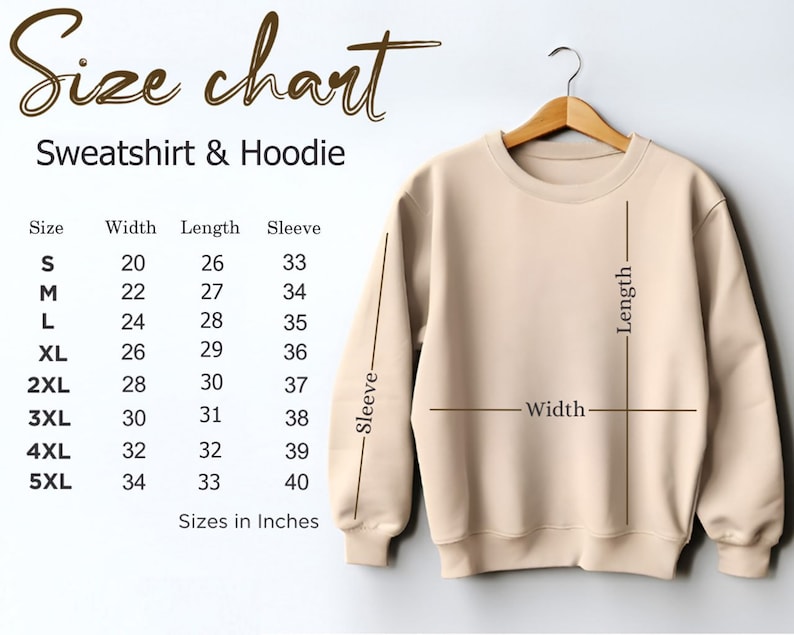 Op de afbeelding: Maattabel voor sweatshirts en hoodies, met afmetingen in inches voor breedte, lengte en mouwlengte voor maten S tot en met 5XL.