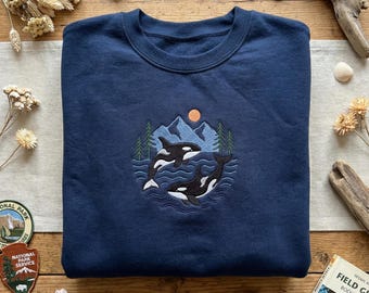 Two Orcas Embroidered Sweatshirt, Killer Whale Marine Lover Jumper, Pacific Northwest Mountain Wildlife Hoodie