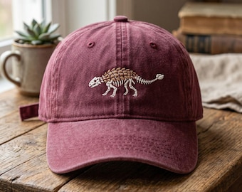 Embroidered Wash Dad Cap, Ankylosaurus Fossil Hat, Armored Dinosaur Skeleton, Club Tail Dino Bone Cap, Paleontology Merch, Dino Art