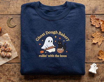 embroidered ghost dough bakery sweatshirt, halloween ghost baking hoodie, spooky cat baking shirt, cute ghost baker sweatshirt