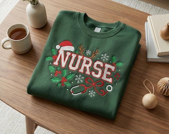 Embroidered Christmas Nurse Sweatshirt, Holly Stethoscope Antler Shirt, Festive RN Holiday Gift, Cute Xmas Nurse Sweater
