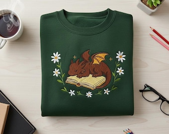 Dragon Fantasy Book Lover Sweatshirt | Embroidered Bookworm Crewneck | Fourth Wing Inspired Gift | Cozy Reading Pullover