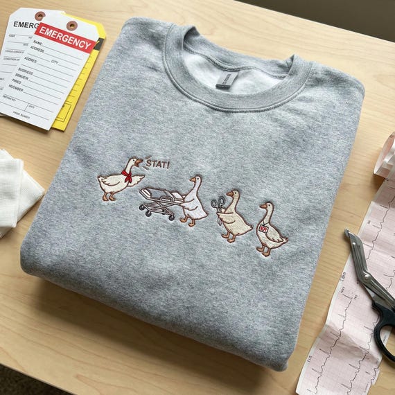 Embroidered Emergency Nurse Goose Sweatshirt, ER Nurse Gift Crewneck, Funny STAT Medical Shirt, Critical Care Tshirt