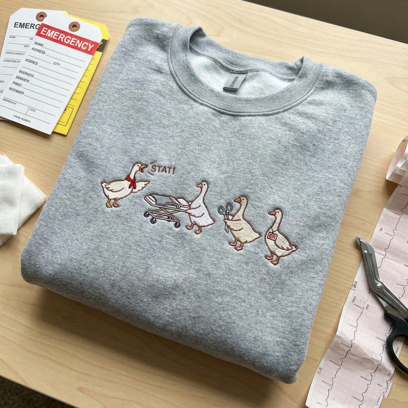 Embroidered Emergency Nurse Goose Sweatshirt, ER Nurse Gift Crewneck, Funny STAT Medical Shirt, Critical Care Tshirt image 1