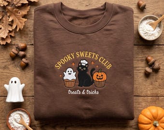 Spooky Sweets Club sweatshirt, embroidered Halloween cat hoodie, cute ghost ghost shirt, spooky season apparel, fall baking gift