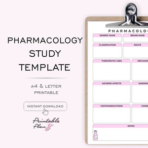 Pharmacology Study Template: Nursing School Notes (A4/Letter Printable)