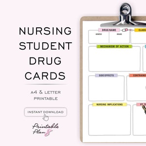 May include: Printable nursing student drug cards with sections for drug name, generic, brand, classification, mechanism of action, dosing, side effects, contraindications, nursing implications, and patient teaching.