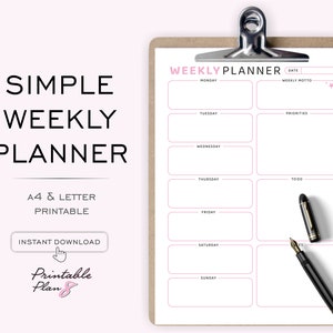 Simple Weekly Planner, Business Organizer, Weekly Schedule, Printable Planner, Undated Weekly, Week at a glance, PDF, A4-LETTER, 5 Colors