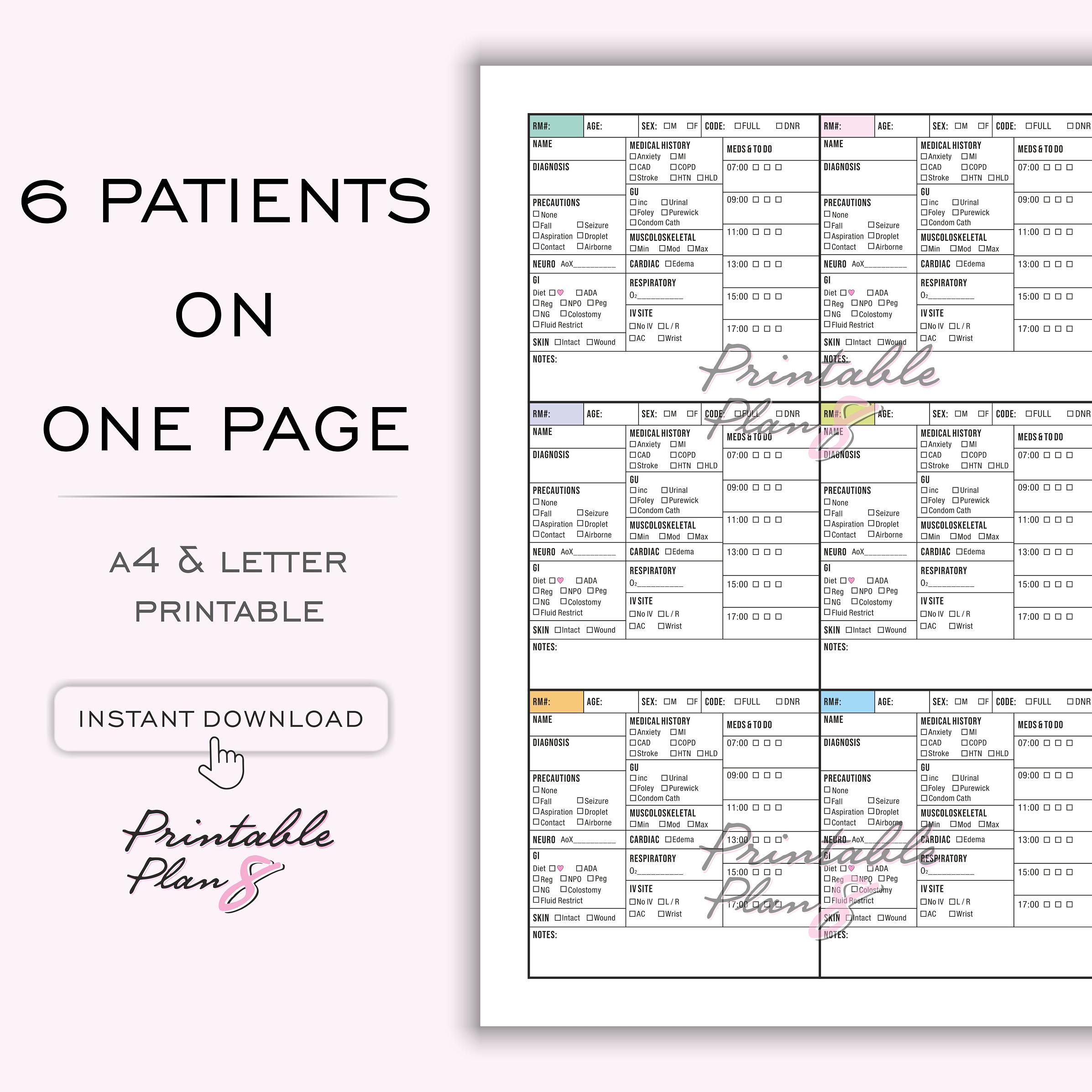 6 Patient Med Surg Nurse Report Sheet w/ Medication, Day and Night Shift, 6 Patient Log, ICU Report, Nursing Brain, Printable, A4-LETTER