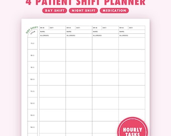 Planificador de turnos de enfermería, plantilla de horario de medicación para 4 pacientes