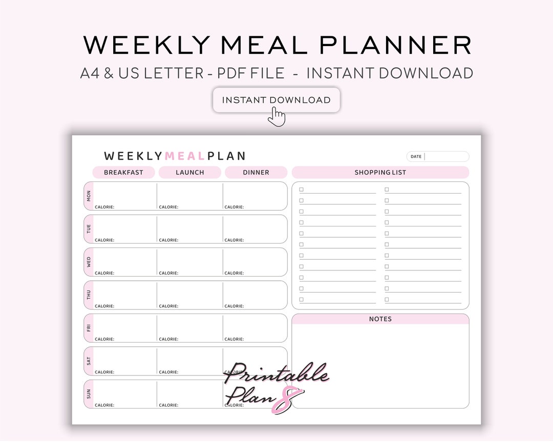 Meal Planner Weekly, Printable Shopping List, A4 & Letter (PDF) Instant ...