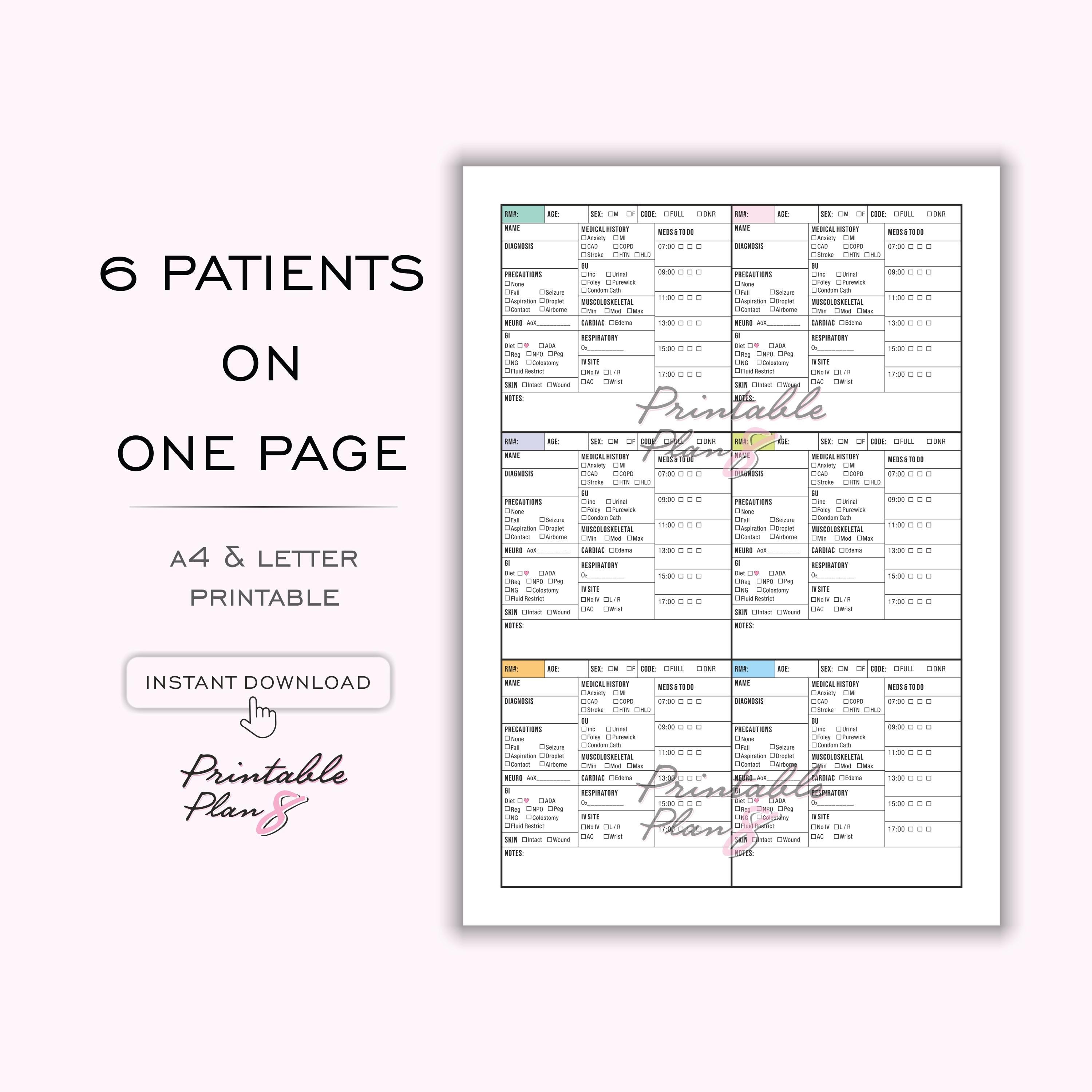 Nurse Report Sheet: 6 Patient Med Surg ICU, A4/Letter (Printable)