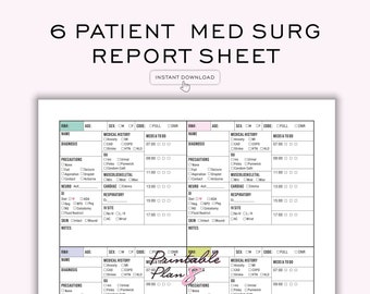 6 Patient Med Surg Nurse Report Sheet w/ Medication, Day and Night Shift, 6 Patient Log, ICU Report, Nursing Brain, Printable, A4-LETTER