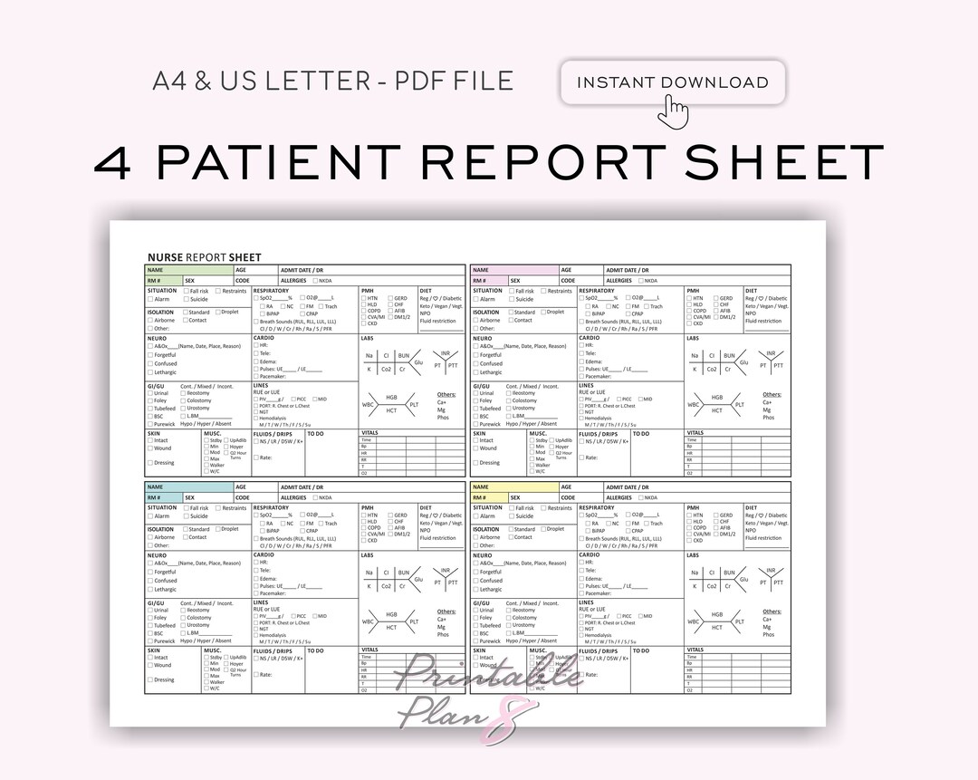 4 Patient Nurse Report Sheet, Med Surg Report Sheet, Multi Patient, ICU Report Sheet, Printable ...