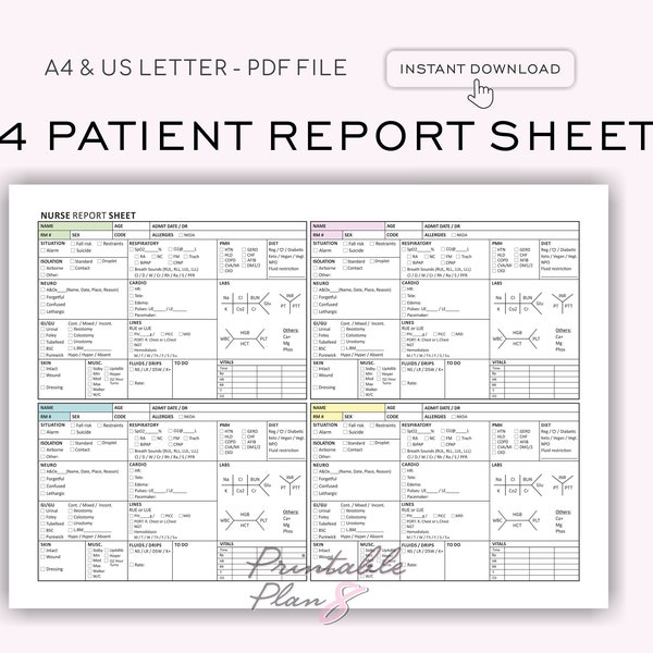 4 Patient Nurse Report Sheet, Med Surg Report Sheet, Multi Patient, ICU Report Sheet, Printable, Nursing Brain, Nursing Handoff, PDF