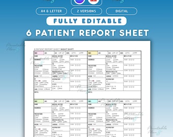 Hoja de informe de enfermería editable, 6 pacientes, UCI de cirugía médica, A4, tamaño carta (descarga digital)