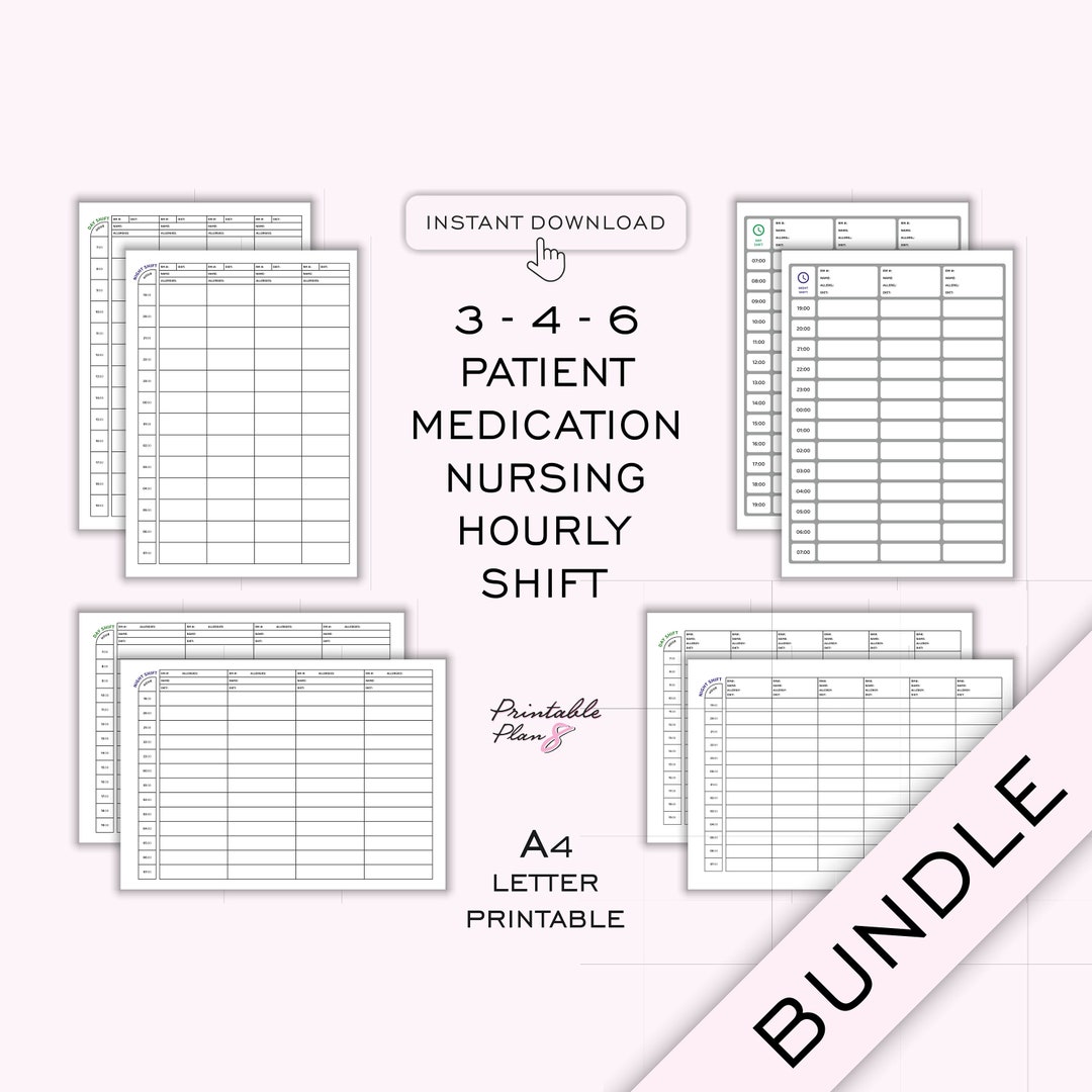 Nursing Shift Planner BUNDLE, Multi Patient Medication, Nurse Hourly