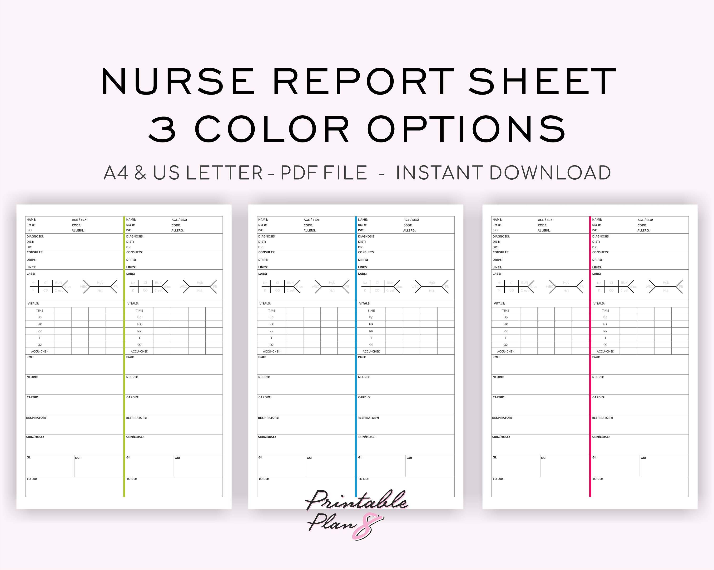 2 or 4 Patient Nurse Report Sheet, Multi Patient Nursing Report Sheet ...