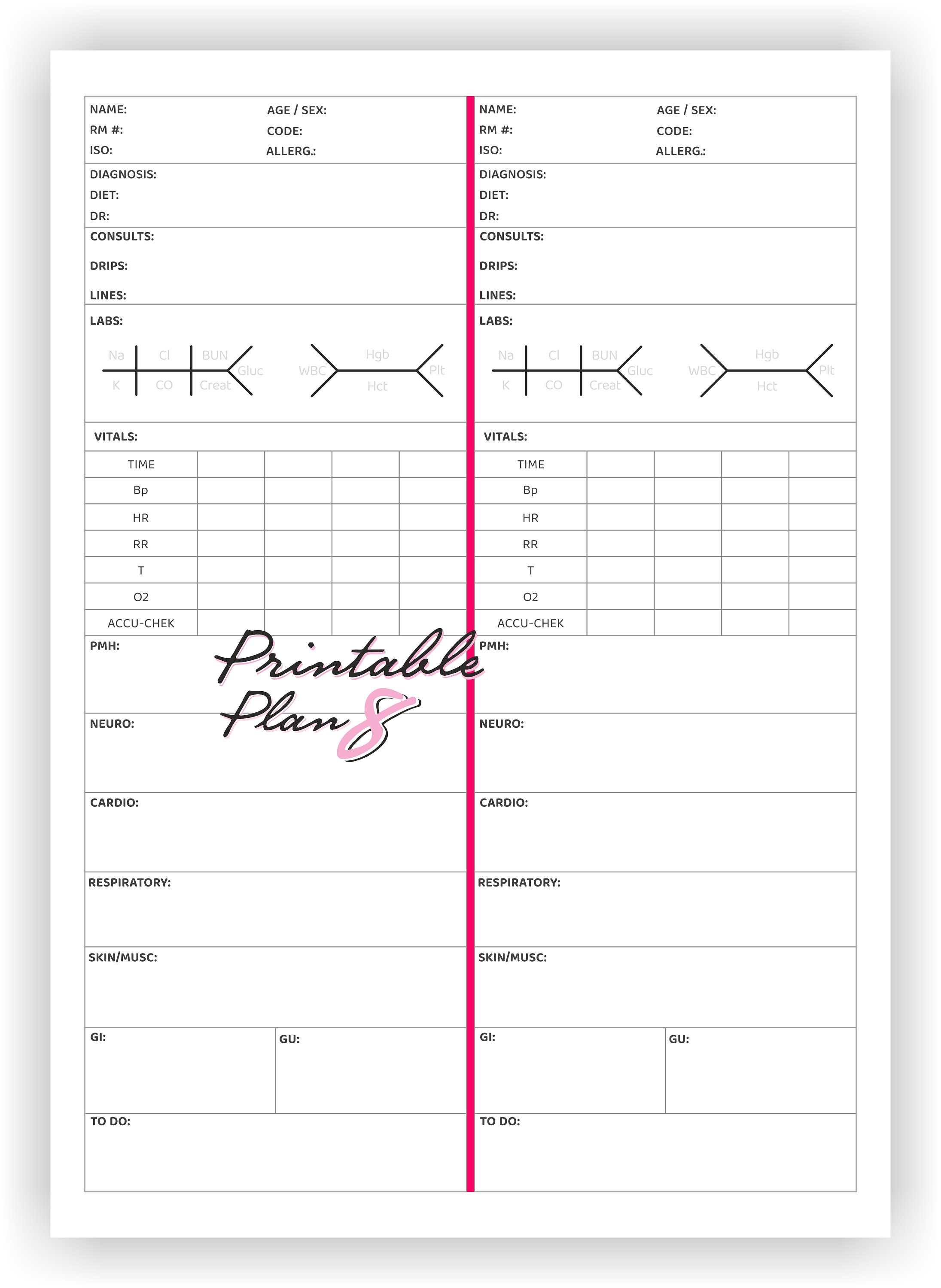 2 or 4 Patient Nurse Report Sheet, Multi Patient Nursing Report Sheet ...