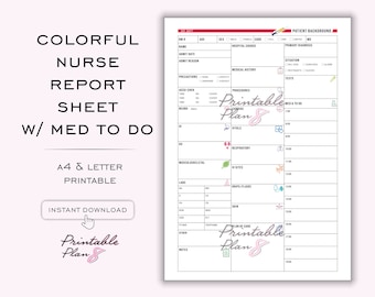 Nurse Report Sheet with Medication, Patient Log, Day/Night Shift, Nursing Brain, RN Sheet, ER Nurse, Nursing Shift Planner, 7 Color, A4/LET,
