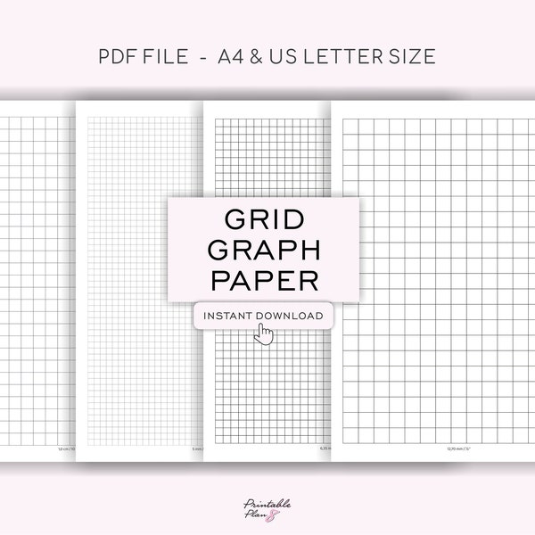 Grid Paper Set of 4, Printable Graph Page, Notebook Paper 5-10 mm, 1/4 - 1/2 inch Grid, A4 & US Letter, PDF Templates, Simple and Useful