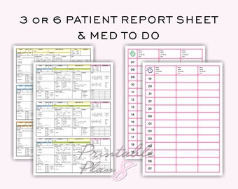 3 or 6 Patient Nurse Report Sheet & Medication, Day or Night Shift, 3 Patient Log, Med Surg, ICU Report, Nursing Brain, Printable, A4-LETTER