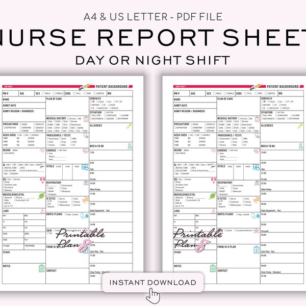 Nurse Report Sheet - Nurse Cassie's Edit, Single Patient Log w/ Medication, Day or Night Shift, Patient Assessment, ICU Nurse, A4-LETTER