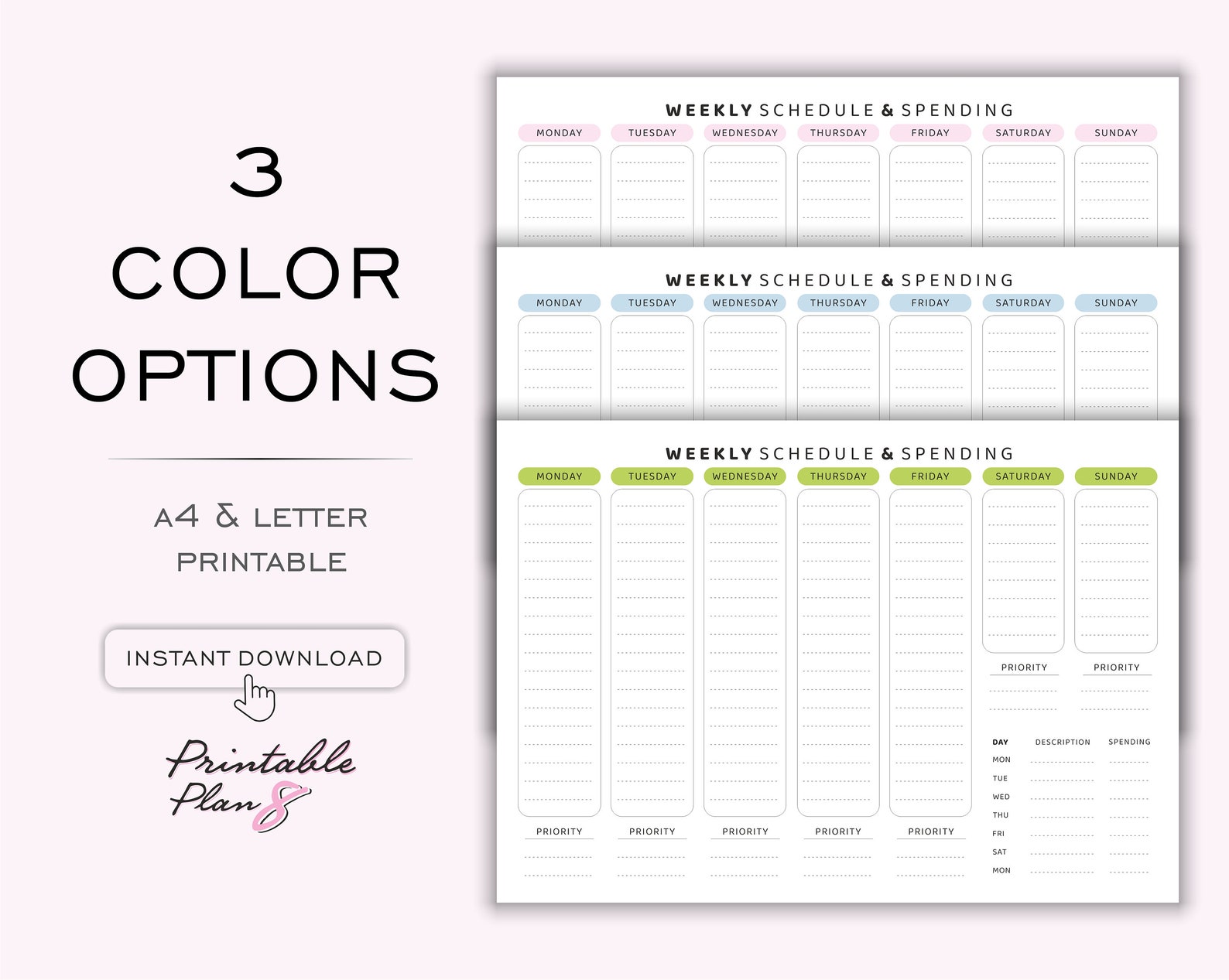 Printable weekly schedule spending monday start printable planner