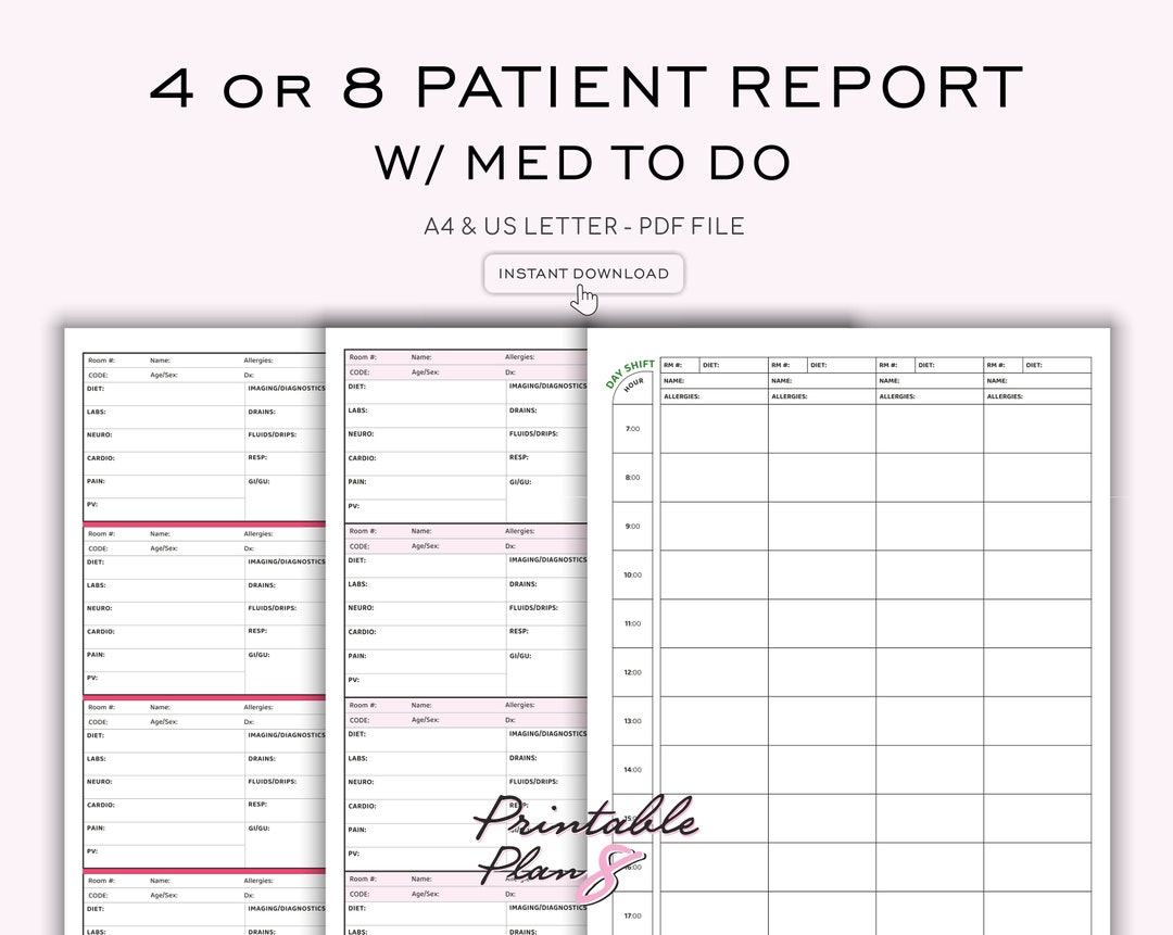 Nurse Report Sheet: 4-8 Patient, Med Surg ICU, A4-letter (PDF
